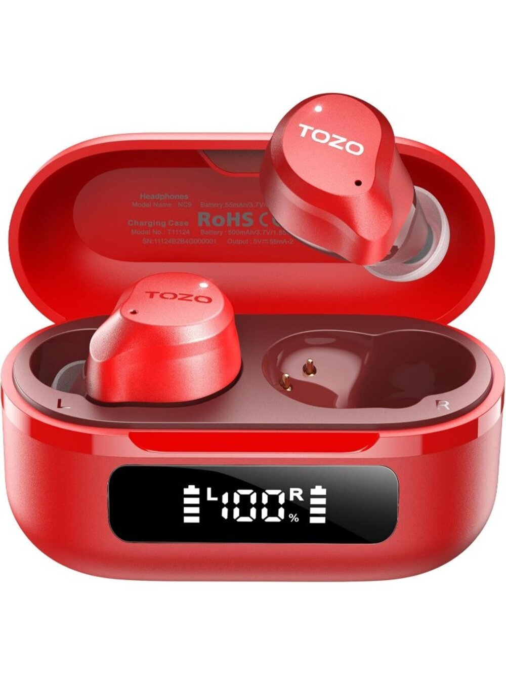 Wireless Red NC9 Hybrid Active Noise Cancelling Bluetooth Earbuds 60H Playtime